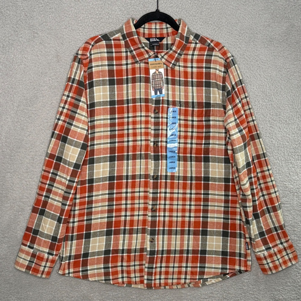 Eddie Bauer Mens Large Orange Plaid Cotton Flannel Button Down Shirt EB004777